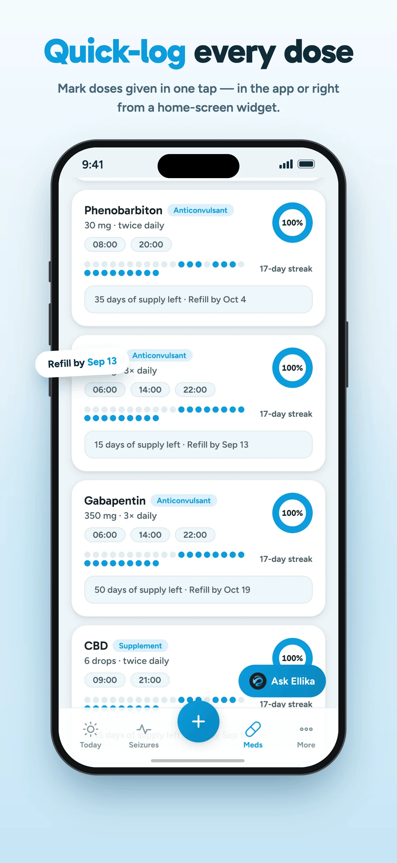 Ellika on iPhone: medication cards showing dose schedules, recorded doses and remaining supply.