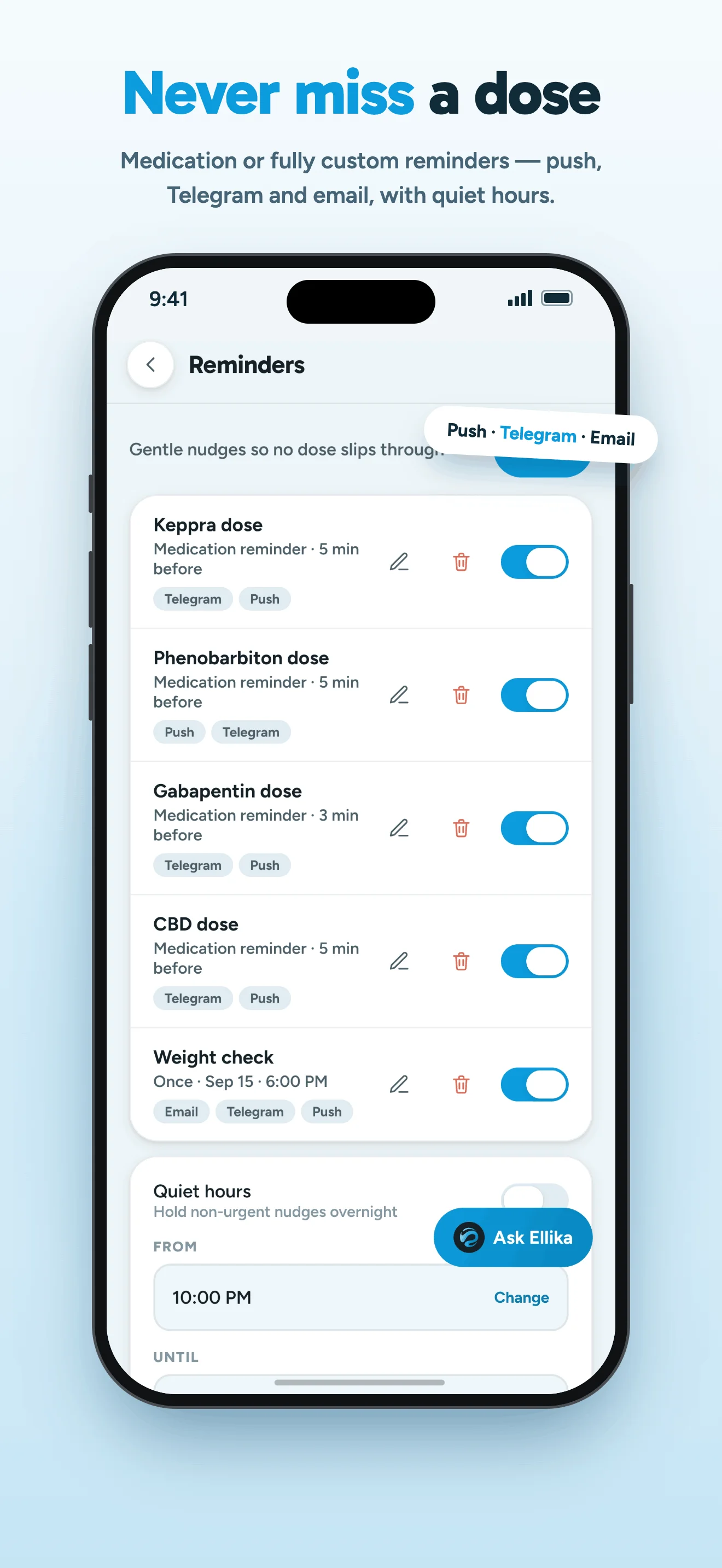 Ellika on iPhone: medication reminders with delivery channels, a weight-check reminder and quiet-hour settings.