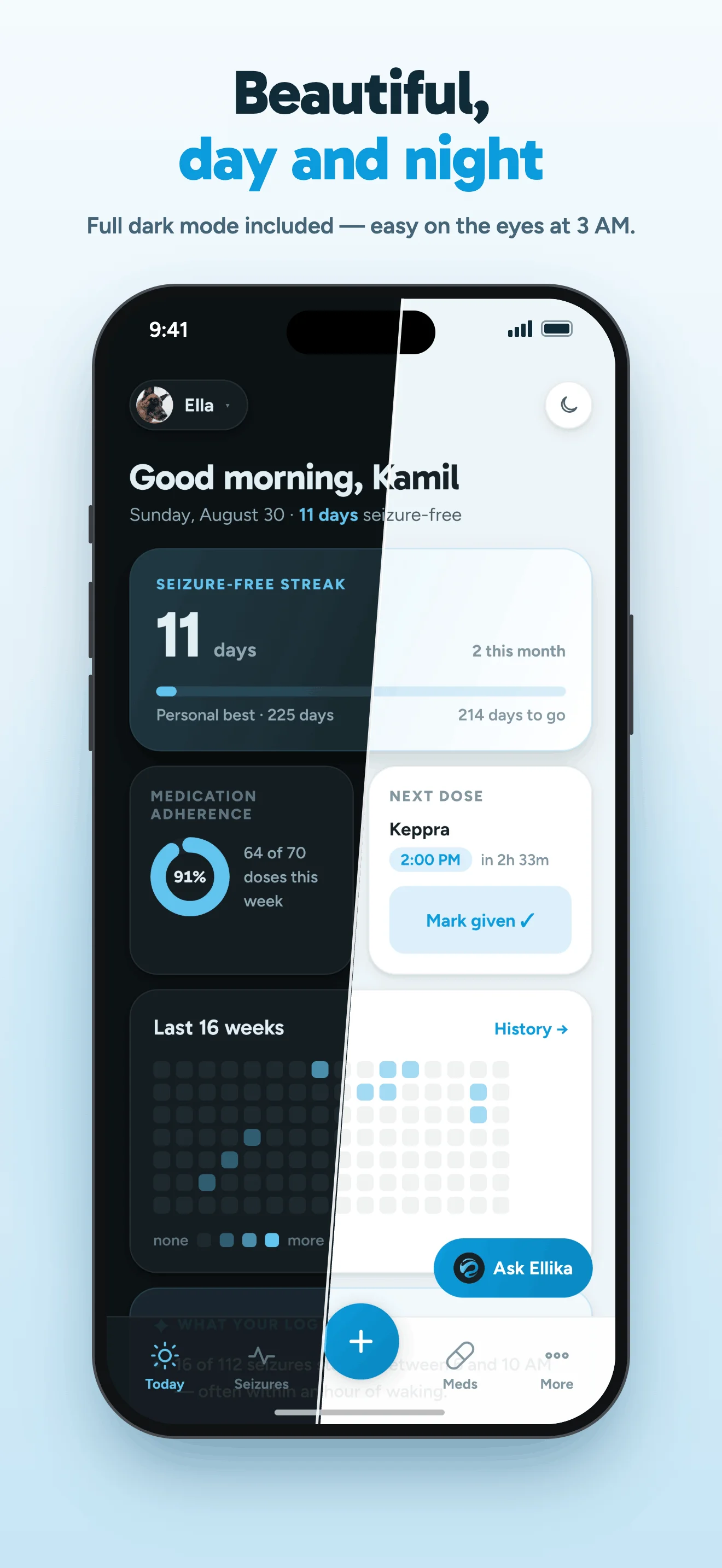 Ellika on iPhone: the daily overview shown in both dark and light appearances.